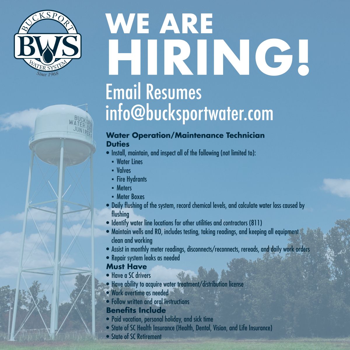 Employment Opportunities Bucksport Water System, Inc.