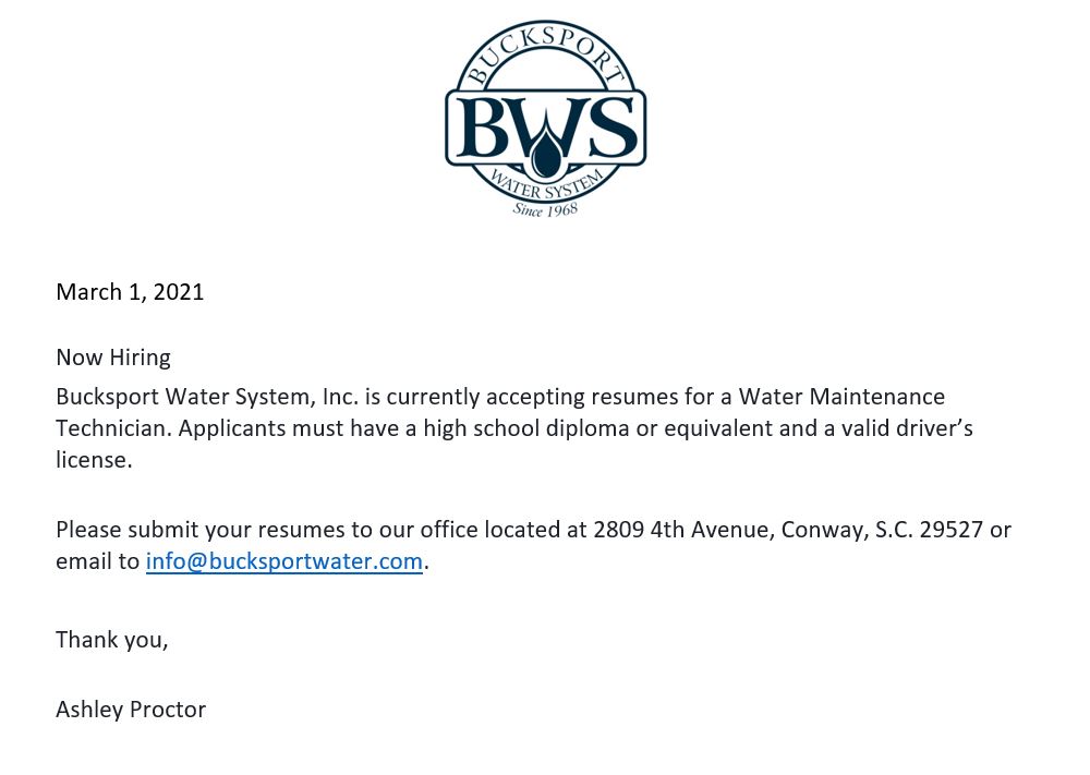 Employment Opportunities Bucksport Water System, Inc.